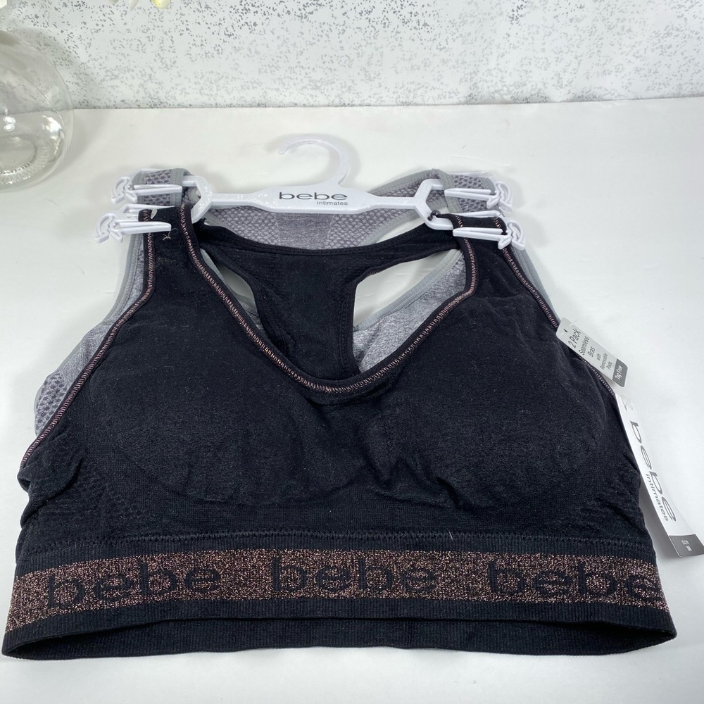🆕 Bebe Black & Grey with Logo Trim Sports Bra Set - Picture 2 of 6